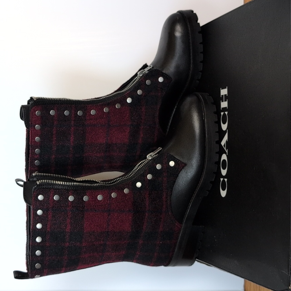 COACH Red Plaid & Leather Studded Combat Boot NIB 9